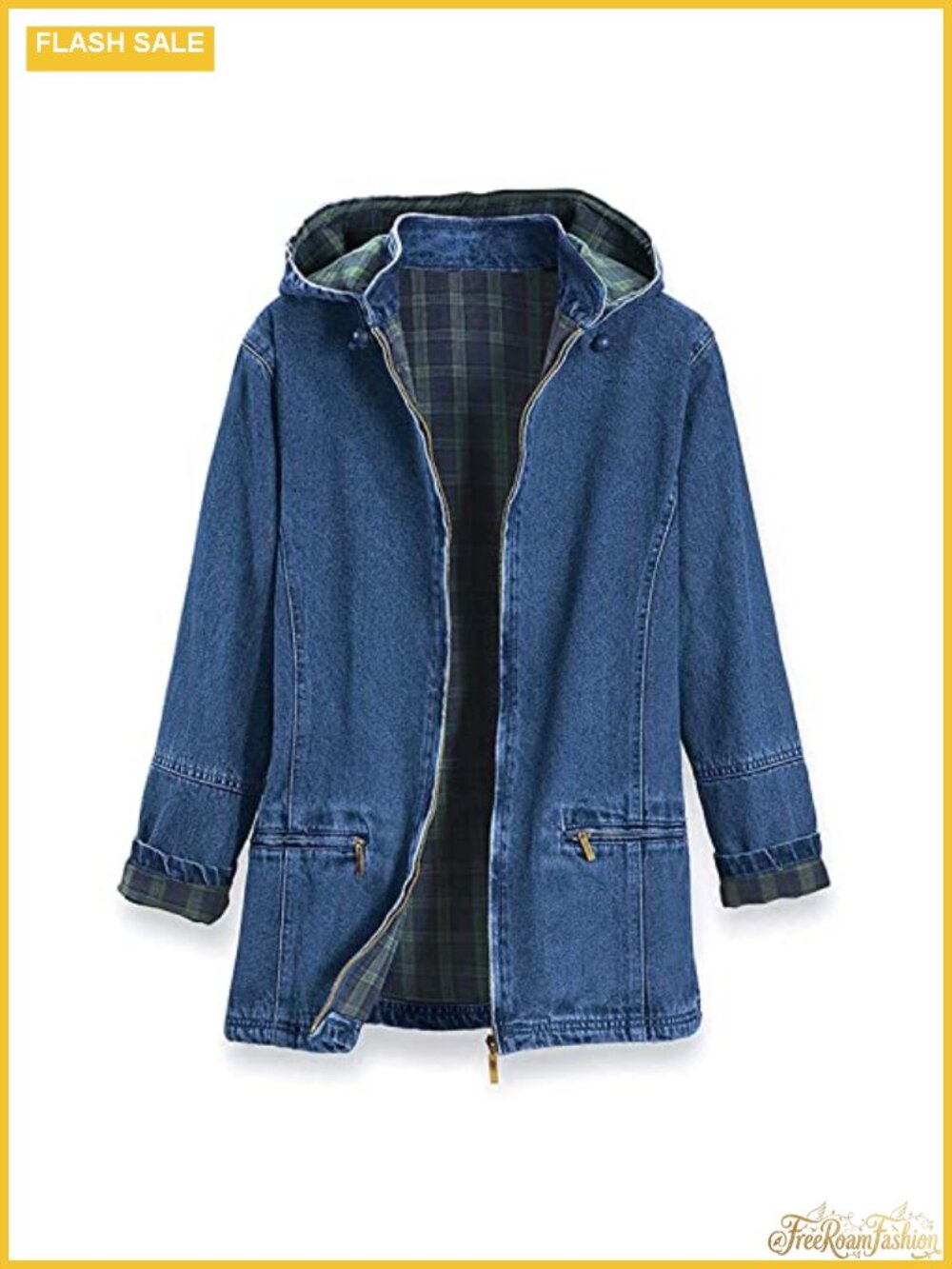 Flannel Lined Denim Jacket with Detachable Hood, Zip Front, 100% Cotton